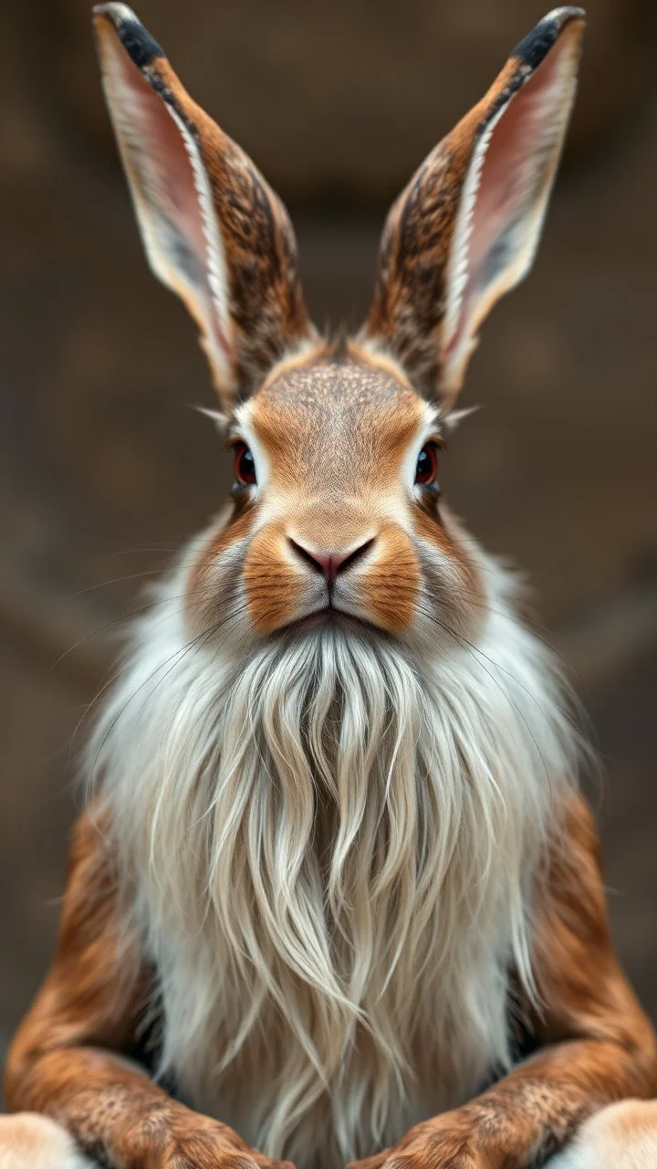 Rabbit front view with human look face and long hair and beard playing the Tom Tom looks like an ancient Sumerian gods ,