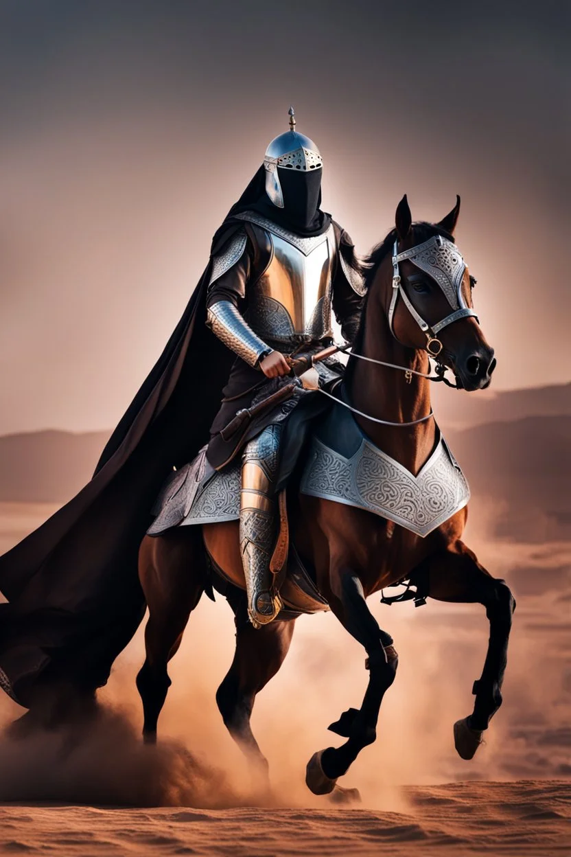 Arab cyborg warrior Full Body Full Armored helmet,Wearing Face Mask Iron Masculine Mysterious Powerful Fantasy High Quality clothes,driving on horse,islamic city background