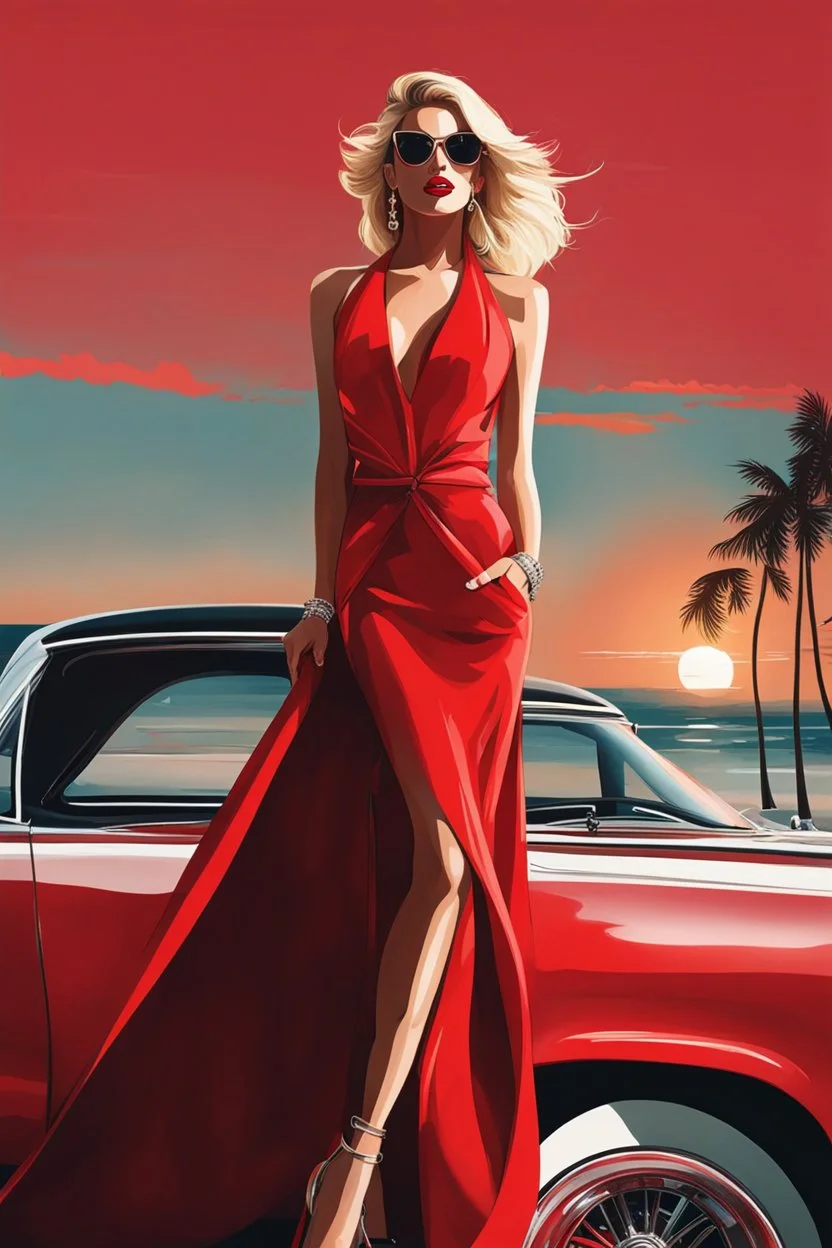 full body fashion style, blonde in red, perfect beauty and harsh aesthetics, Miami Beach, like the style of Rene Gruau,real stic detailed