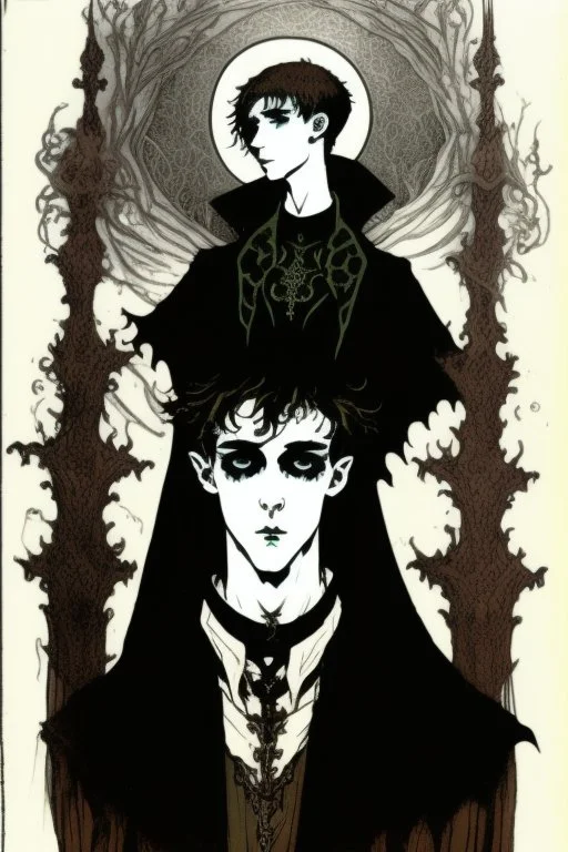 17 year old boy, necromancer, friendly, looks dead, surrounded by weird smoke with eyes, wearing black robes, in the style of Harry Clarke