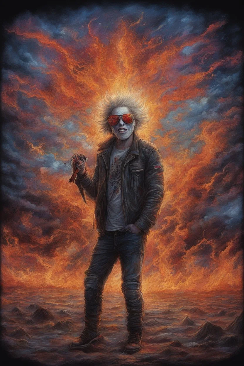 medium long shot, wide angle, full body portrait, head to toe, Benji Two-Lips - Kiss Me Deadly - Reptilian-skinned - Ray-Ban sunglasses - Motley Crue - gothic pale-skinned vampire, Painting with fire and multicolored electrified cosmic clouds, by Hoy Tong Lu - Multicolored lightning -a smiling, 18-year-old Count Jackula, long, black hair, blue eyes, goth makeup, black leather biker's jacket, black leather pants, combat boots, black fingerless gloves, sitting on in the forest next to a fire,