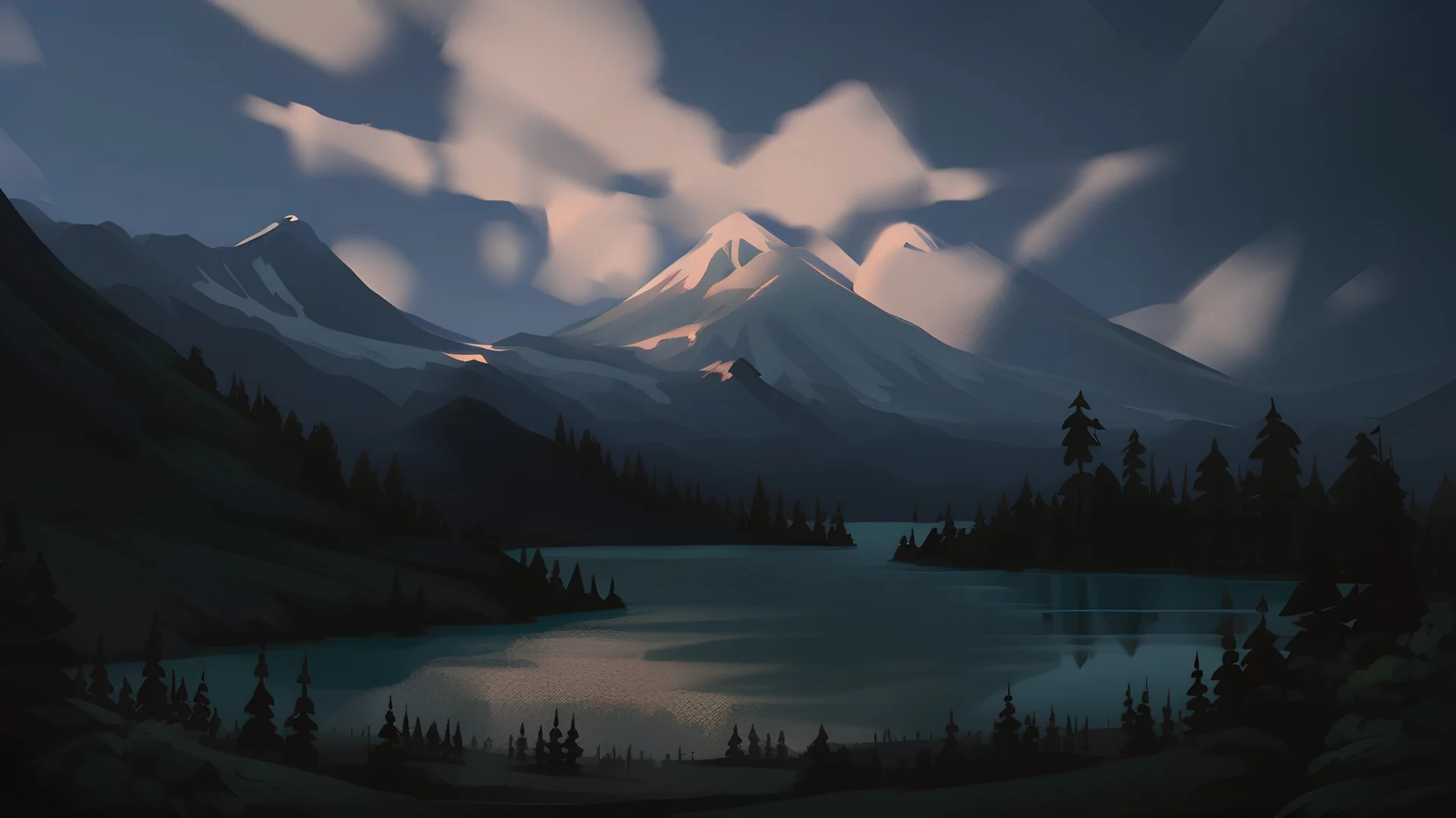 Stylized image of a forest, near a serene lake and mountains in the background at sunrise