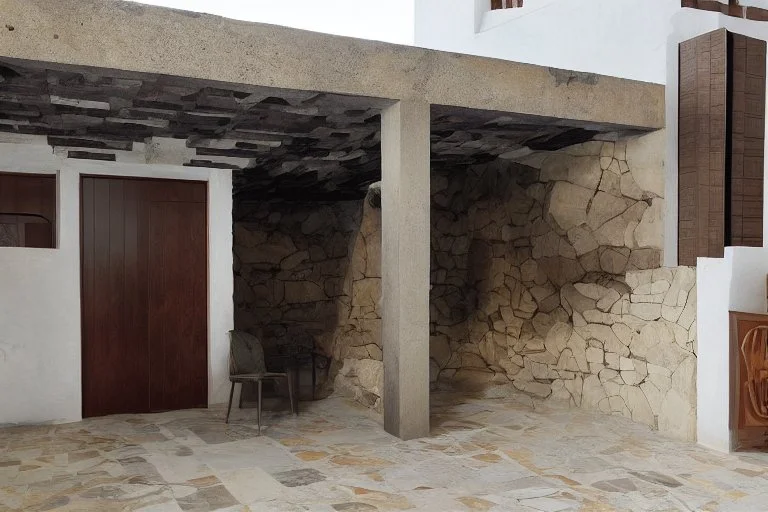 a swimming pool in the pateo of an Alentejo house with natural stone walls and 3d panels marble bookmatching