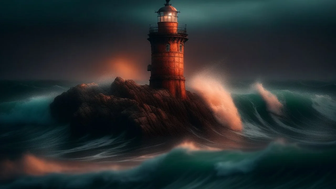 Ancient lighthouse, its timeworn facade shrouded in an otherworldly luminescence, guiding seafarers through the treacherous waves., high detail, mutted teal and terracota color scheme, blurry, muted colors, long exposition motion blur