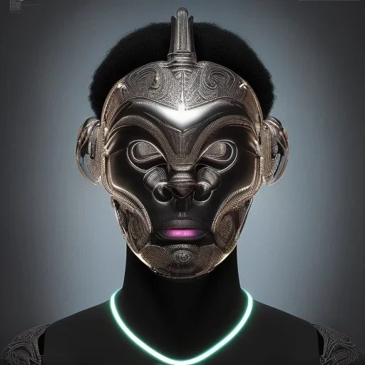 "Organic bionic African male cyborg, alien mask openings, filigree, iridescent metal, shiny, neon, LEDs, diffuse lighting, african print leather with fur black and white fantasy, intricate, elegant, highly detailed, lifelike, photorealistic, dramatic makeup, digital painting, illustration, concept art