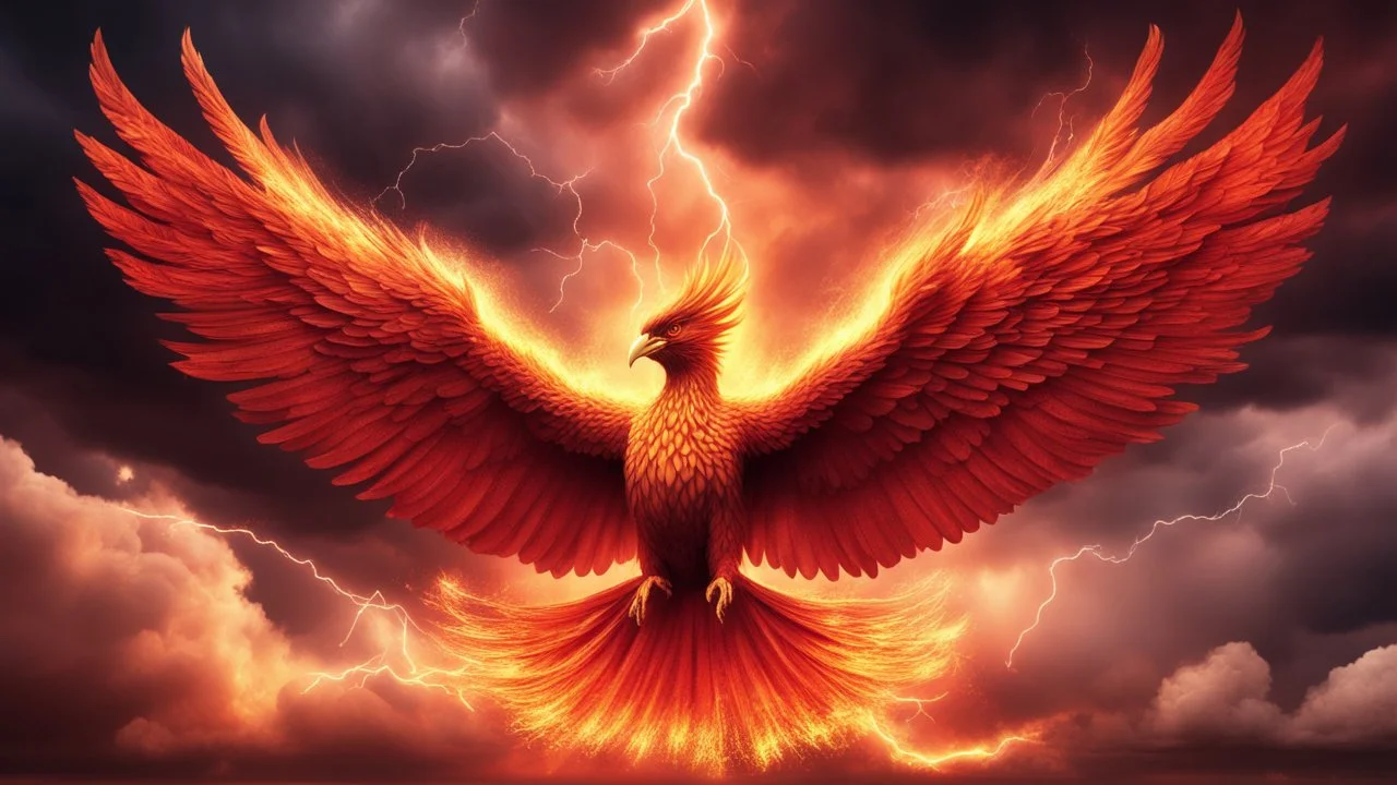 Hyper Realistic Abstract Blazing-Phoenix flying on red-sky-having-golden-glowing-wings with thunderstorm in a dramatic-environment & cinematic Ambiance