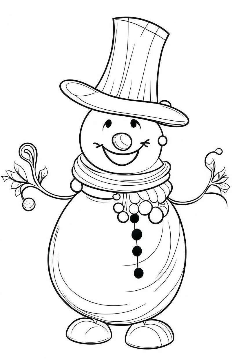 A cheerful snowman with a carrot nose and top hat, clean line art, white background, well outlined, for kids coloring book, clean line art, white background, well outlined, for kids coloring book.