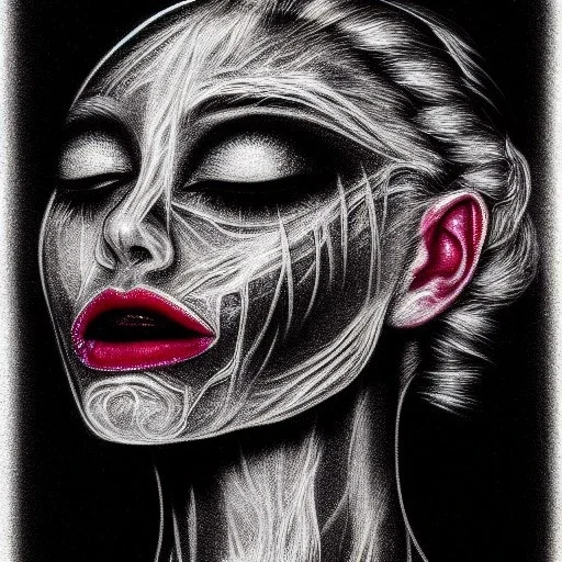 Silver on black paper portrait of female face of migraine, face distorted with pain, reverse colors, screaming, tears streaming from eyes, colorless, glitchcore, dystopian, horror, ultra realist texture, intricate line drawing,