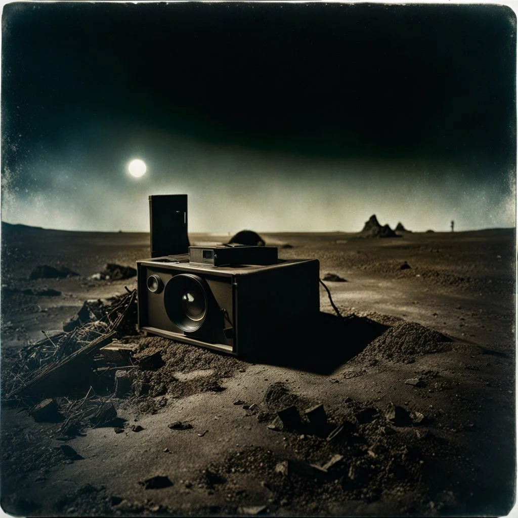 Photorealistic polaroid nothingness and distress, wasteland night Max Ernst Hieronymus Bosch, volumetric light, movie shot, details, high contrasts, nightmare, hypermaximalist