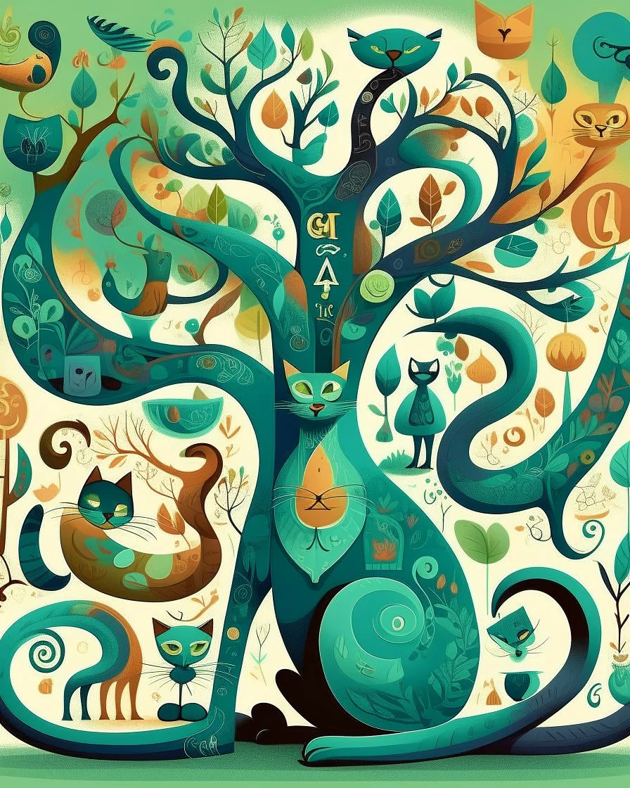 You can replace the word cat with your favourite animal! I used Flux A stylized artwork depicts in the very foreground, a majestically contorted tree. Various large cats of various colors are present in the tree. The cat's depictions feature elongated necks, large eyes, varying body types (some with large bellies, others slender), prominent whiskers, and long tails