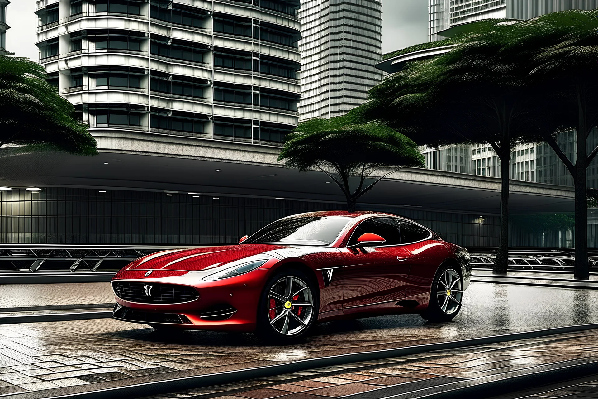 Ferrari Lusso Gt cherry in twin towers, calm ambience..