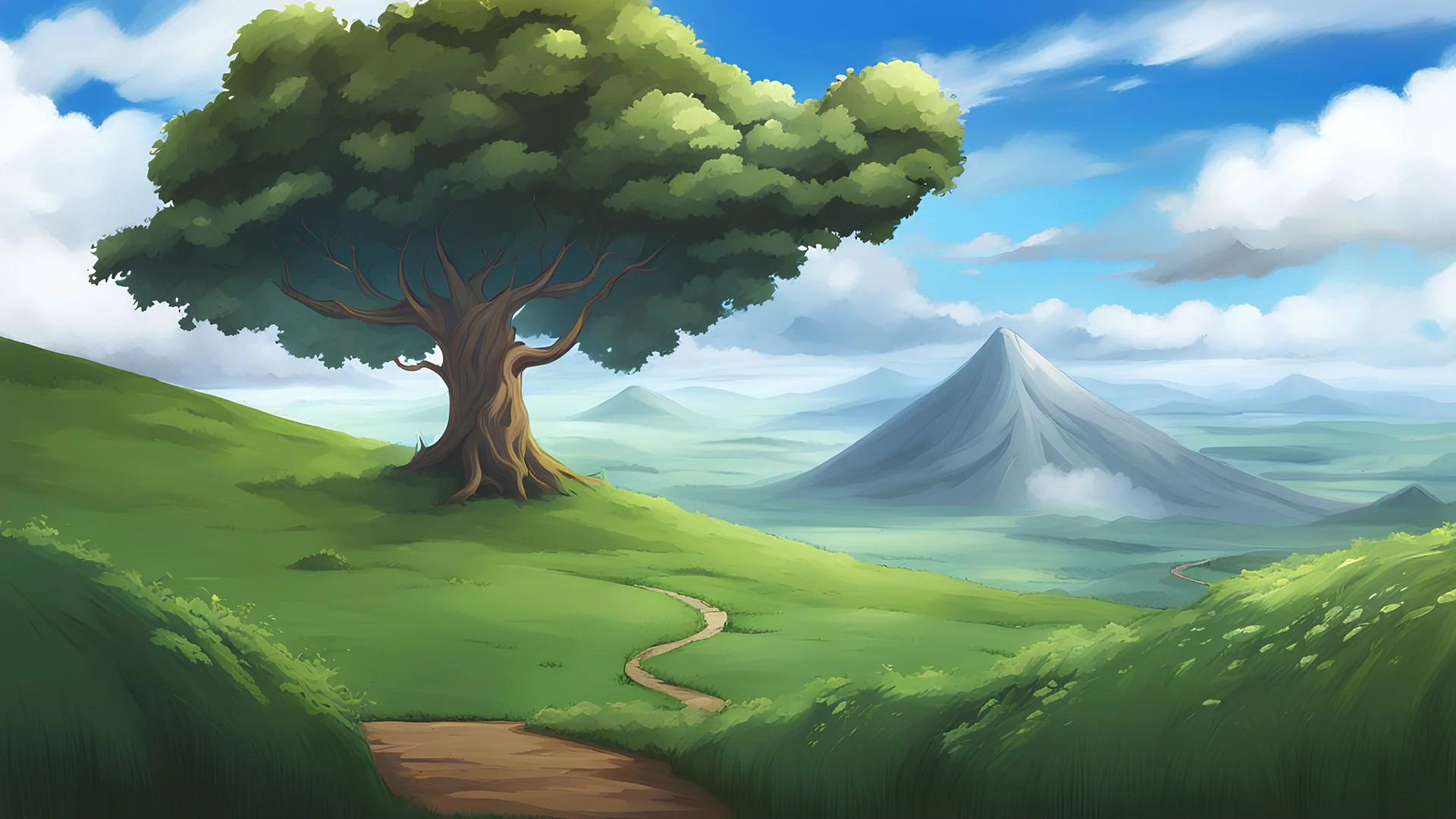 Conceptart,Concept Art,Samia, tree, scenery, cloud, outdoors, sky, day, mountain, grass, nature, mksks style, best quality, perfect