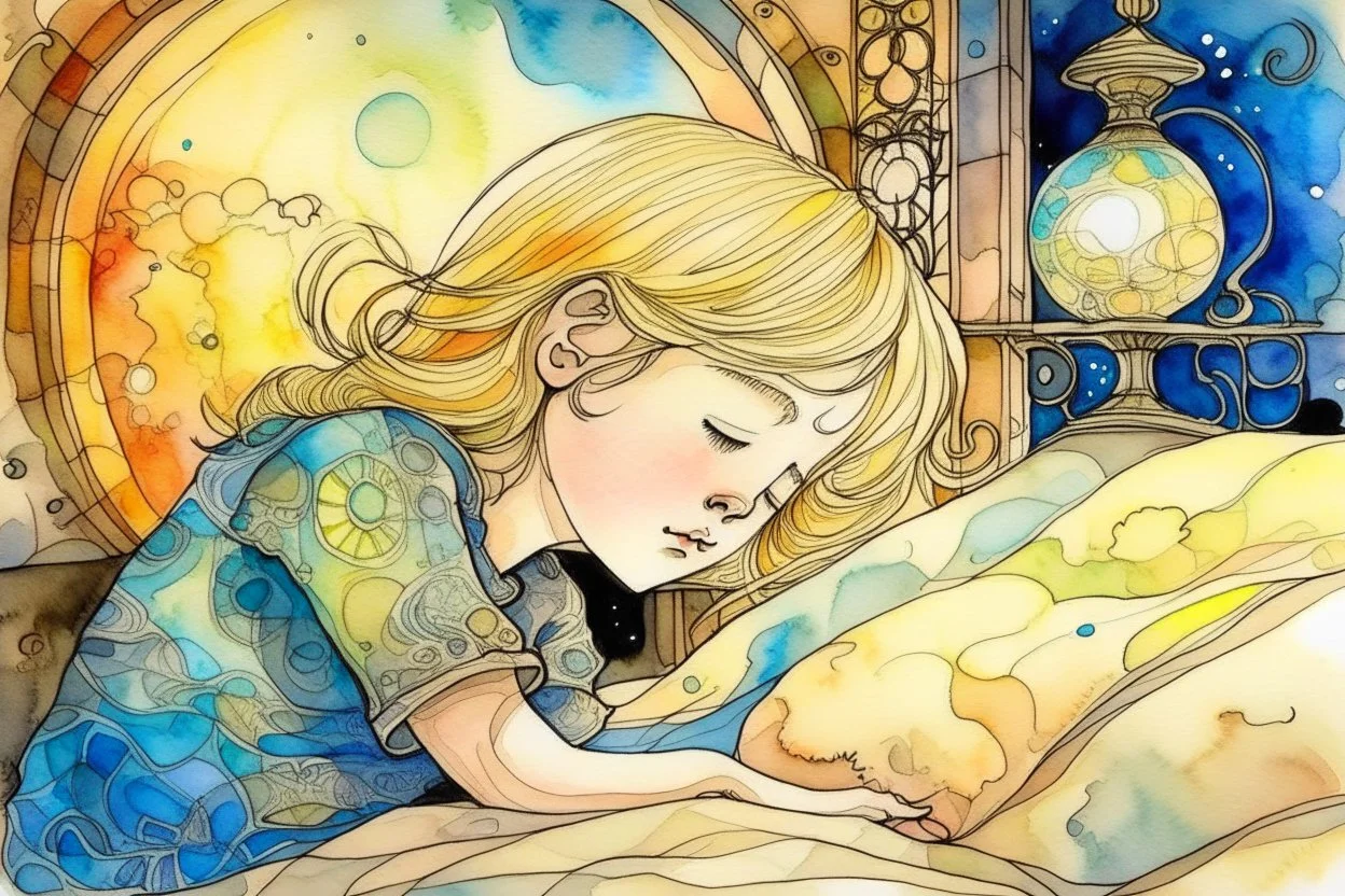 a cute little girl with blonde hair sleeping in an elegant bedroom, tiffany painted lamp lit in the background, S<AI in moonshine. Pastel melting watercolour and black ink outlines on wet paper, shading colors, light strokes. cracked holographic marble background, the cracks are golden