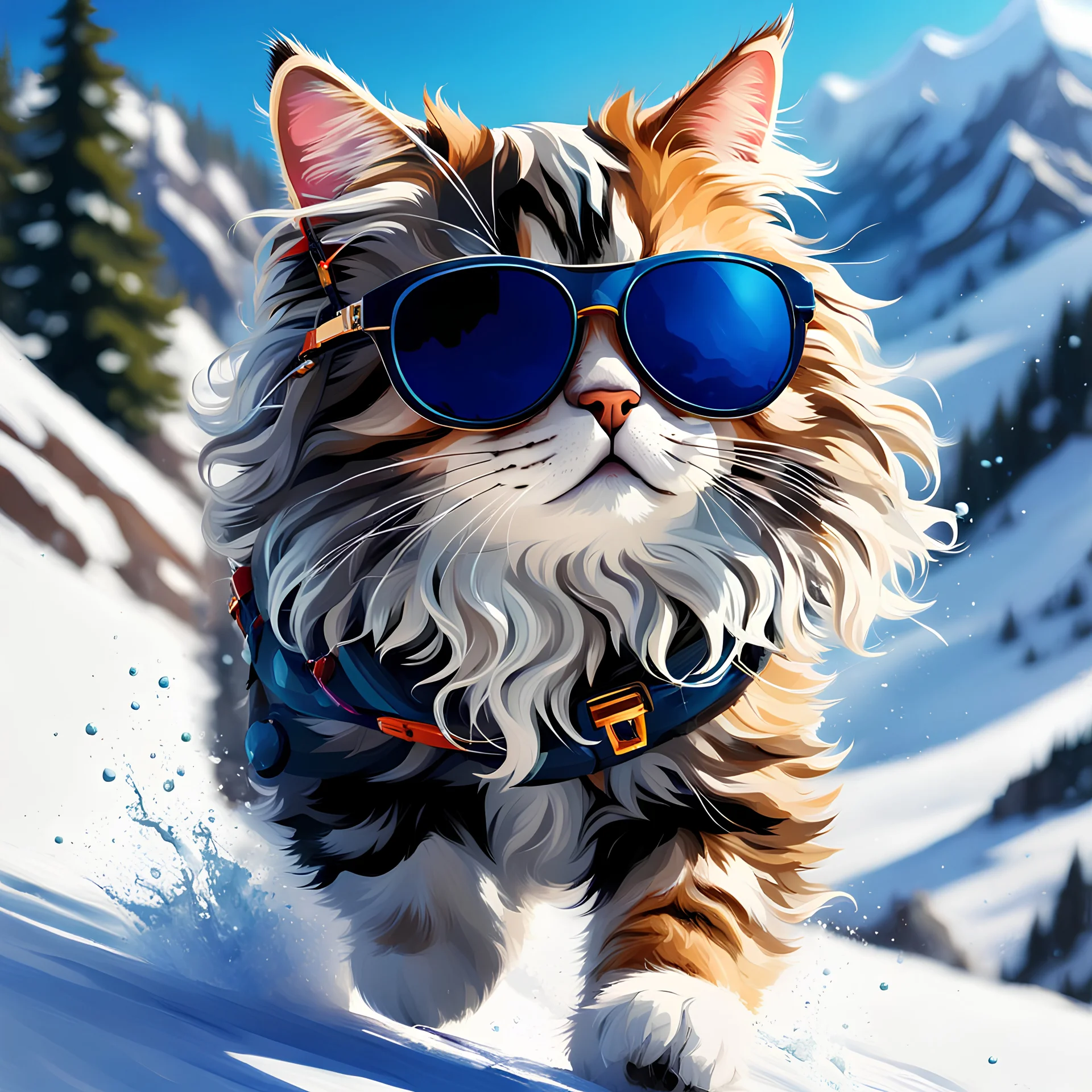A cat with sunglasses and wavy, frizzy hair skis down the mountain at great speed. Speedpaint with large brushstrokes, paint splashes; paint drops; drip painting; a masterpiece; 8k resolution; trending on artstation; maximalist; very detailed