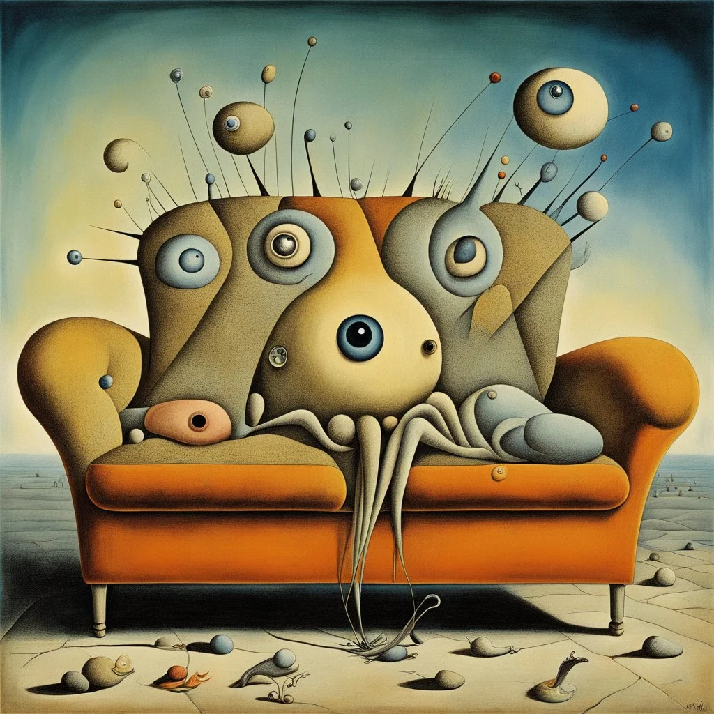 enhanced surrealism, anthropomorphic couch with eyes and legs, unrelenting absurdity, by Yves Tanguy and Max Ernst, magical surrealism, mind-bending surreal brutalism, colorful, artistic dynamic diagonal lines, rule of thirds,