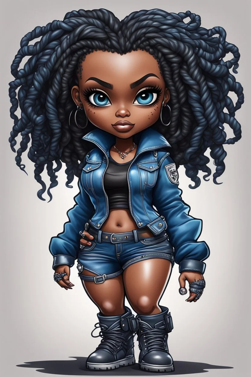 create an airbrush illustration of a chibi cartoon voluptuous black female wearing a blue jean outfit with biker boots. Prominent make up with hazel eyes. Extremely highly detail of a short and shiny twisted dreadlocks. Background of a bike show.