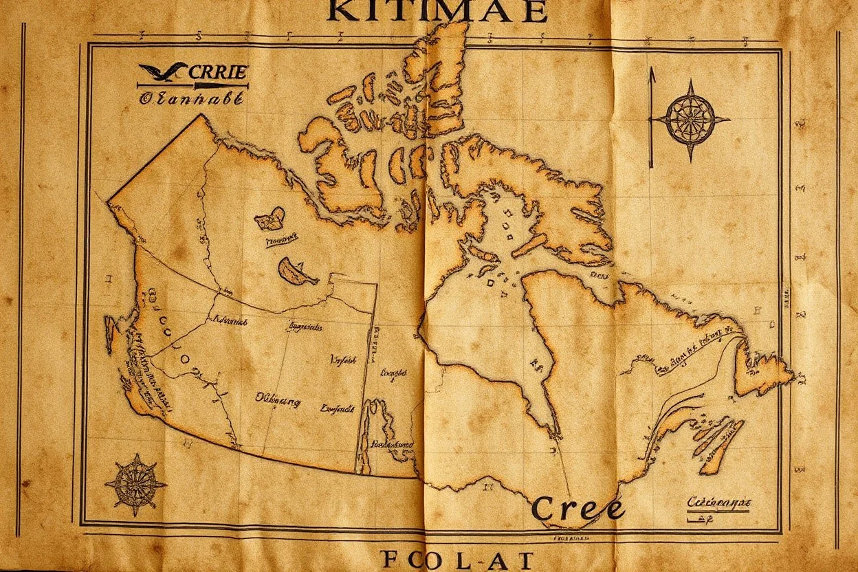 a scan of an ancient Cree Anishinaabe map, hand drawn been stained and weathered