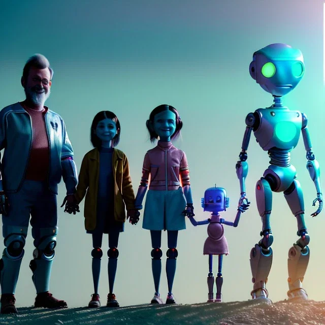 Ultra Realistic family portrait. father. mother, daughter. alien pet. assistant robot, room home, retro futuristic scene, wes Anderson style. smile, happy, gradient color fog. highly detailed, concept art, unreal engine 5, ray tracing, RTX, lumen lighting, ultra detail, volumetric lighting, 3d, finely drawn, high definition, high resolution.