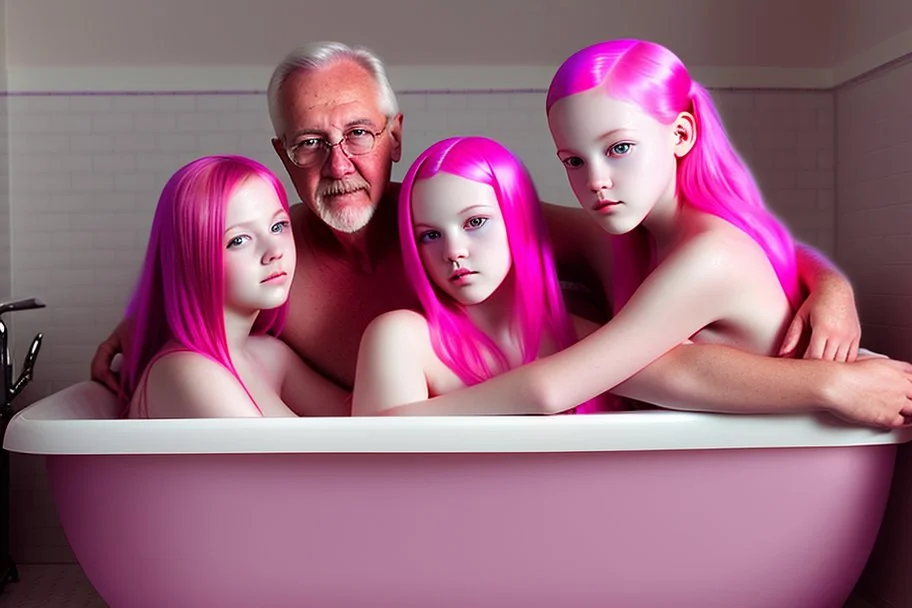 digital art of beautiful young pink hair teenage girls with dad in the bedroom in a bathtub with grandpa hugging bare lips