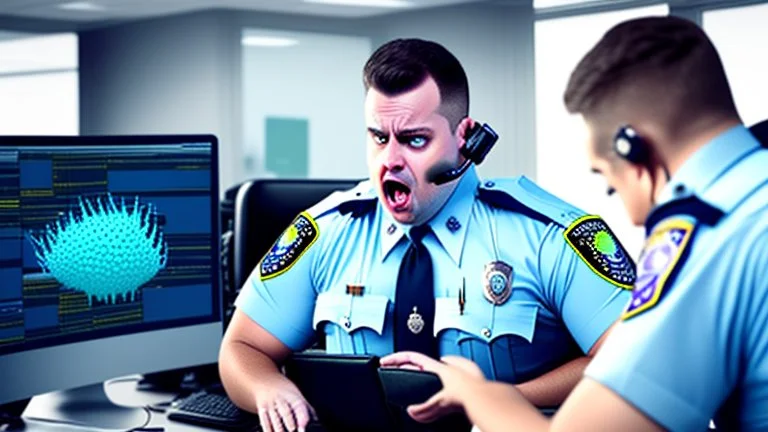 confused male cop dispatcher deals with evil virus hatching from the phone