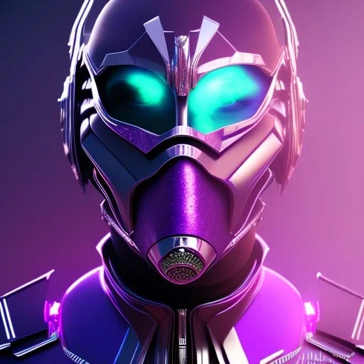 futuristic purple masked villain in galaxy, teal and purple smoke, detailed, realistic, 4k