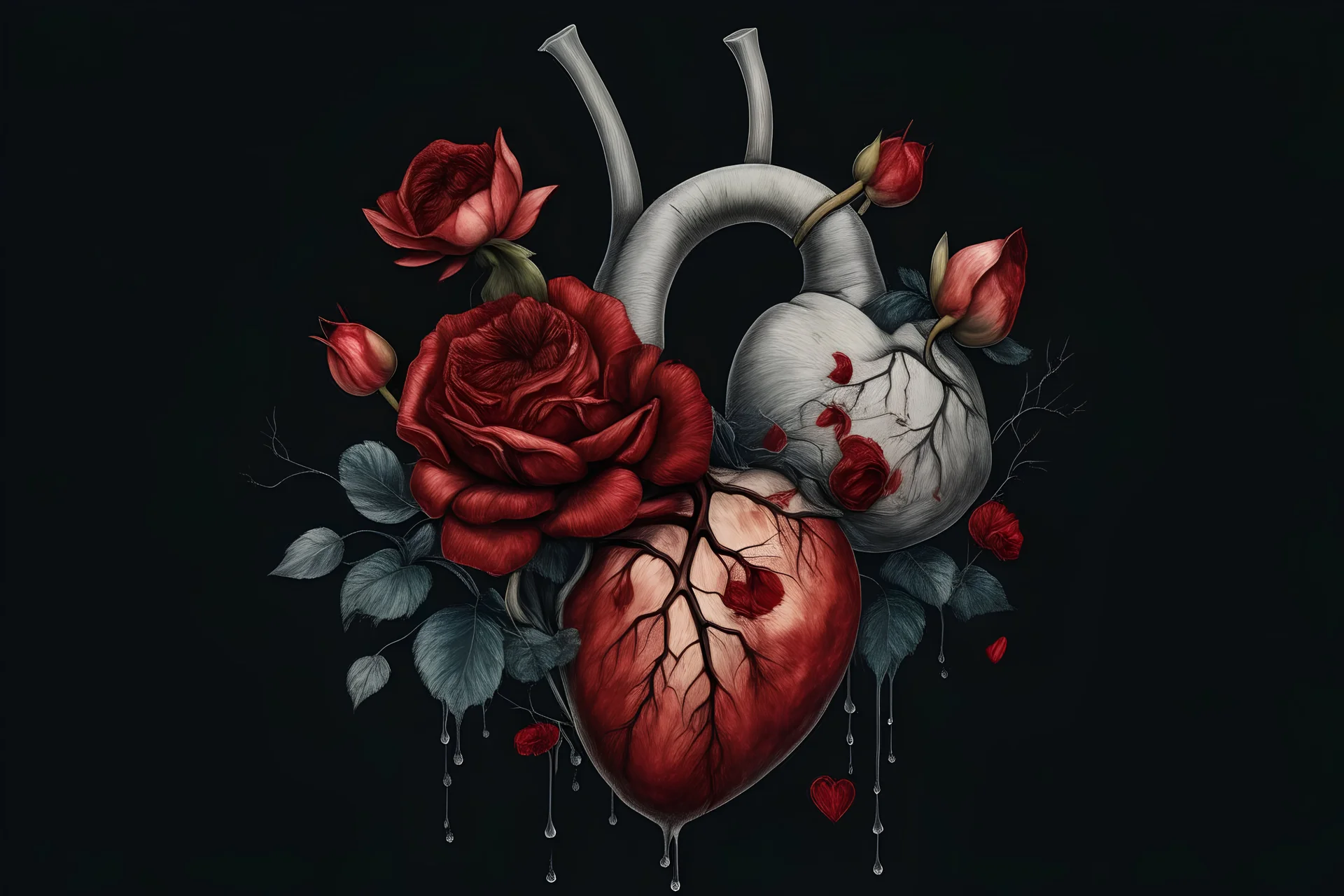 a human heart with flowers stabbing into it with blood dripping into it