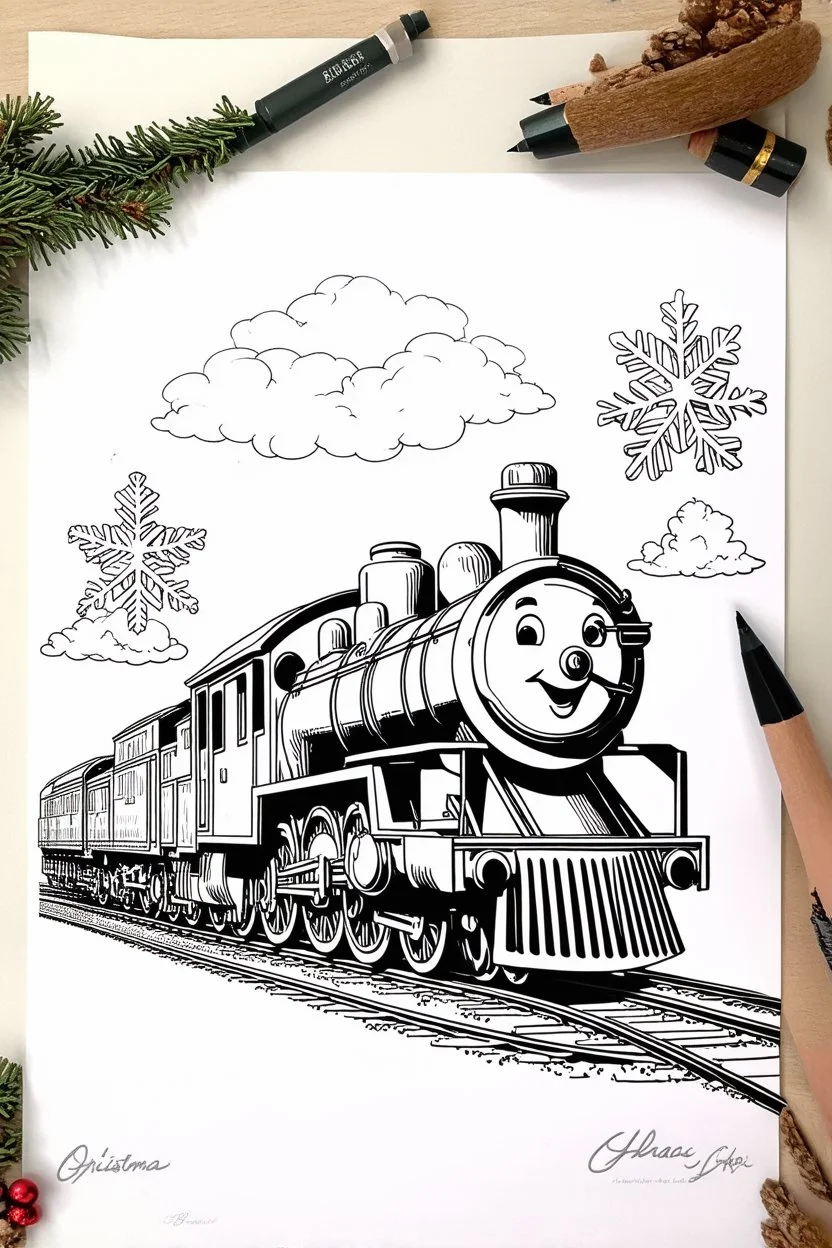 coloring page of a Christmas drawing, A4, white background, black and white, magical style, dreamy, easy drawing, christmas train