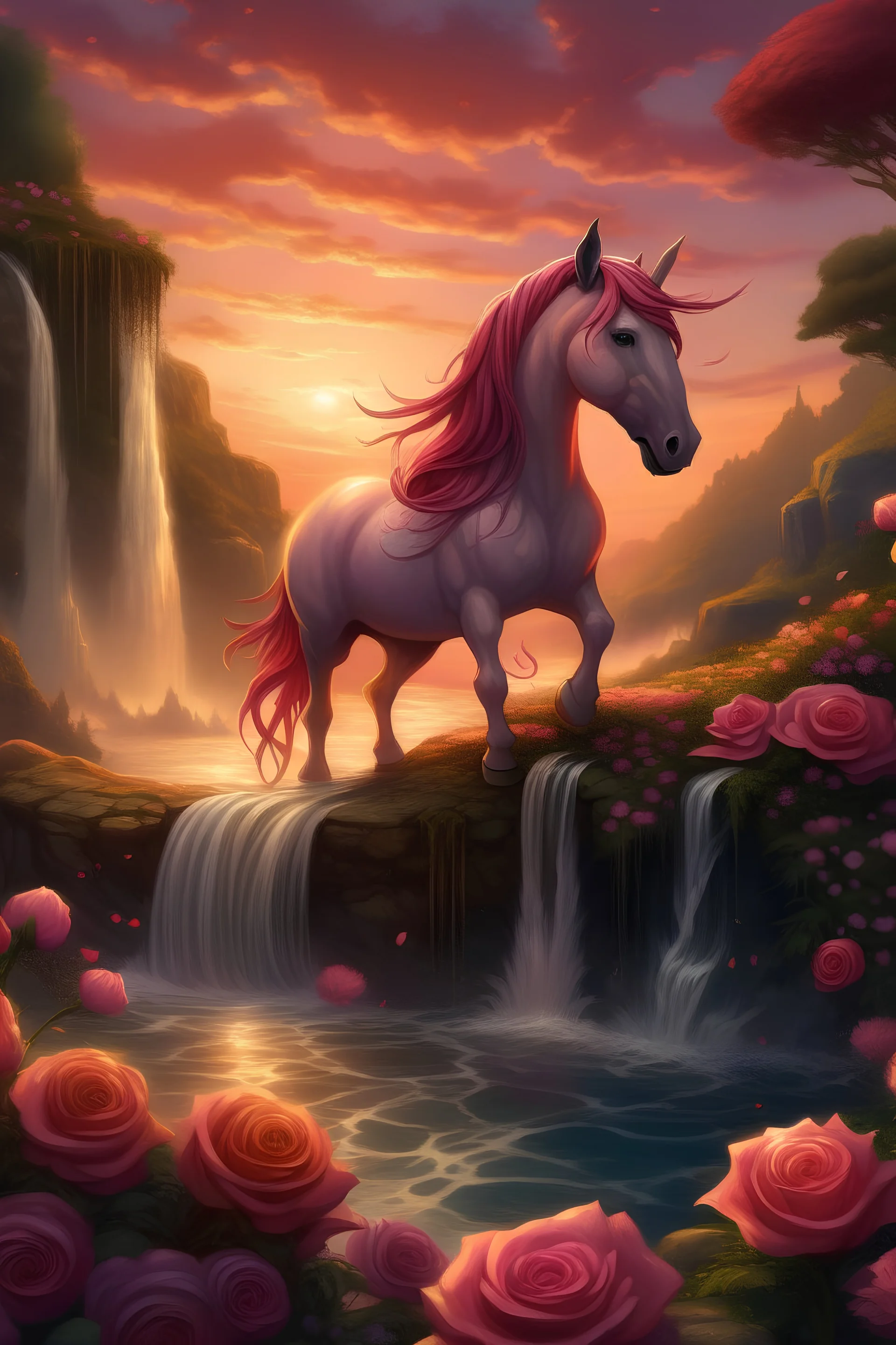 waterfall sunset unicorn rose