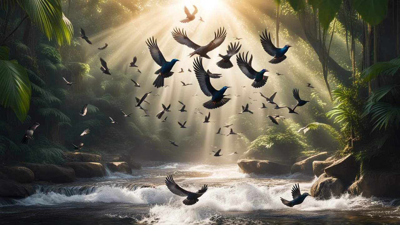 Hyper Realistic photographic-view of Lots-of-Koel-Birds Flying above a river water flowing inside a jungle with sunlight-rays showing dramatic & cinematic ambiance