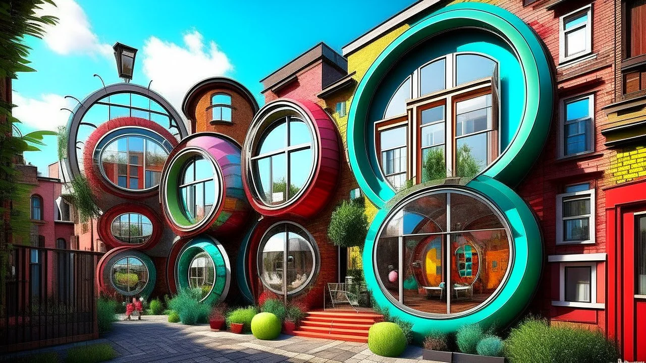 Set in a whimsical world inspired by steampunk and fantasy, the street is a blend of old and new with houses of postmodern design showcasing a mix of industrial and natural finishes. Curious individuals peer through the strange circular and spherical windows, their colorful outfits adding a vibrant contrast to the surroundings