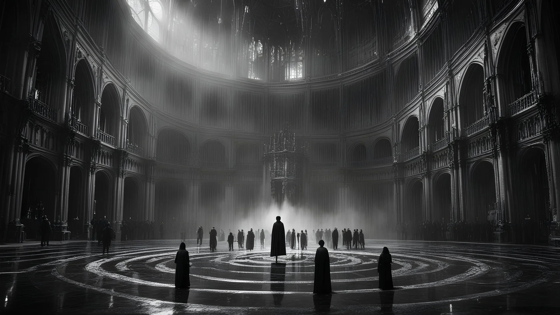 many people man and women standing in a circle, one man in centre floating in the air above the ground, inside dark extremely large sci-fi old cathedral, high ceiling, goth style, dark room, rain, wet, photographic, black and white