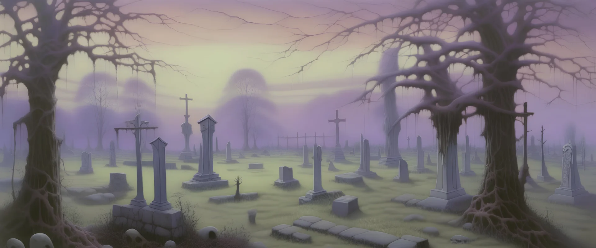 A light purple haunted graveyard filled with ghosts painted by Caspar David Friedrich