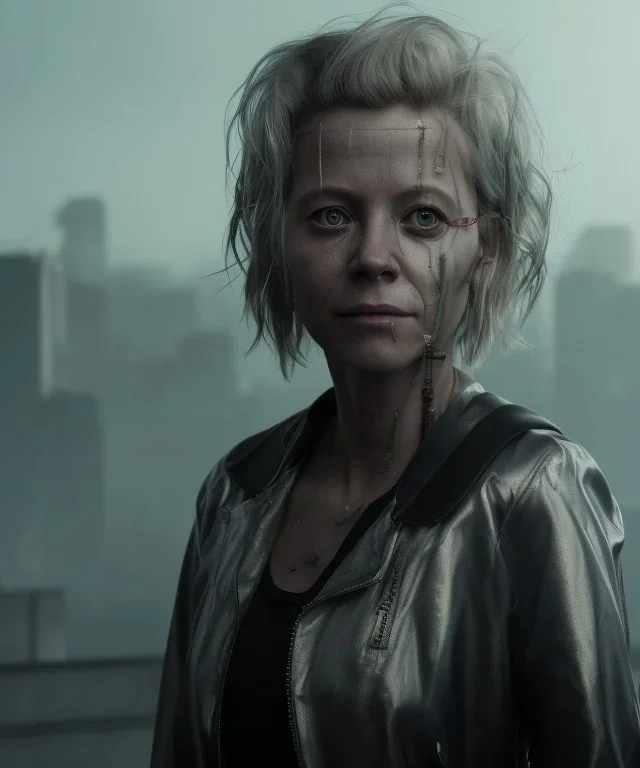 A portrait post-apocalypse cyborg Meg Ryan in a cyberpunk city, sci-fi fantasy style, 8k, volumetric lighting, particales,highly detailed,cinematic, deep scars on face,deep colours.