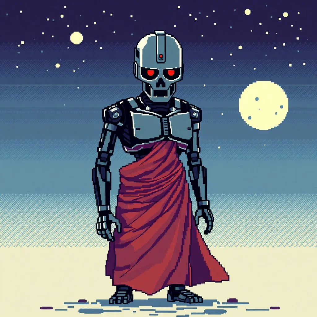 8 bit pixelart of a terminator like robot, synthwave, budist monk robe