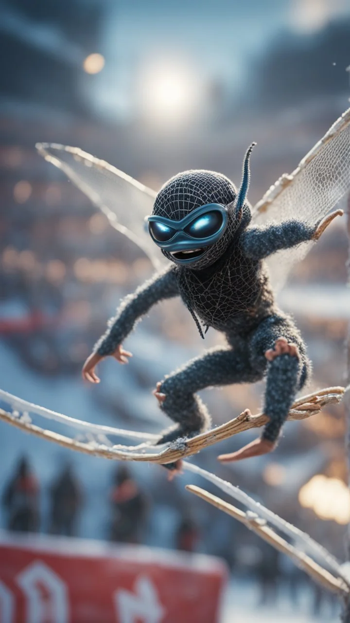 winged flying ninja spider god gremlin alien pimp caught frozen in net in ski jump arena, bokeh like f/0.8, tilt-shift lens 8k, high detail, smooth render, down-light, unreal engine, prize winning