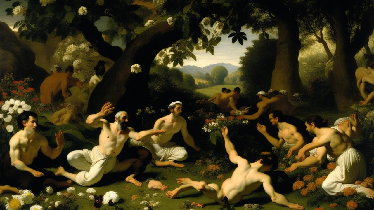 An oil painting by Caravaggio of people practicing yoga surrounded by blooming flowers and lush vegetation.