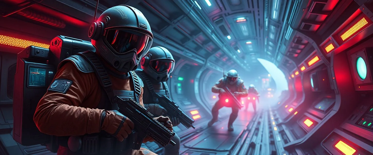 cowboy astronauts in a spaceship cyberpunk warhammer madness, alien hiding in the shadows