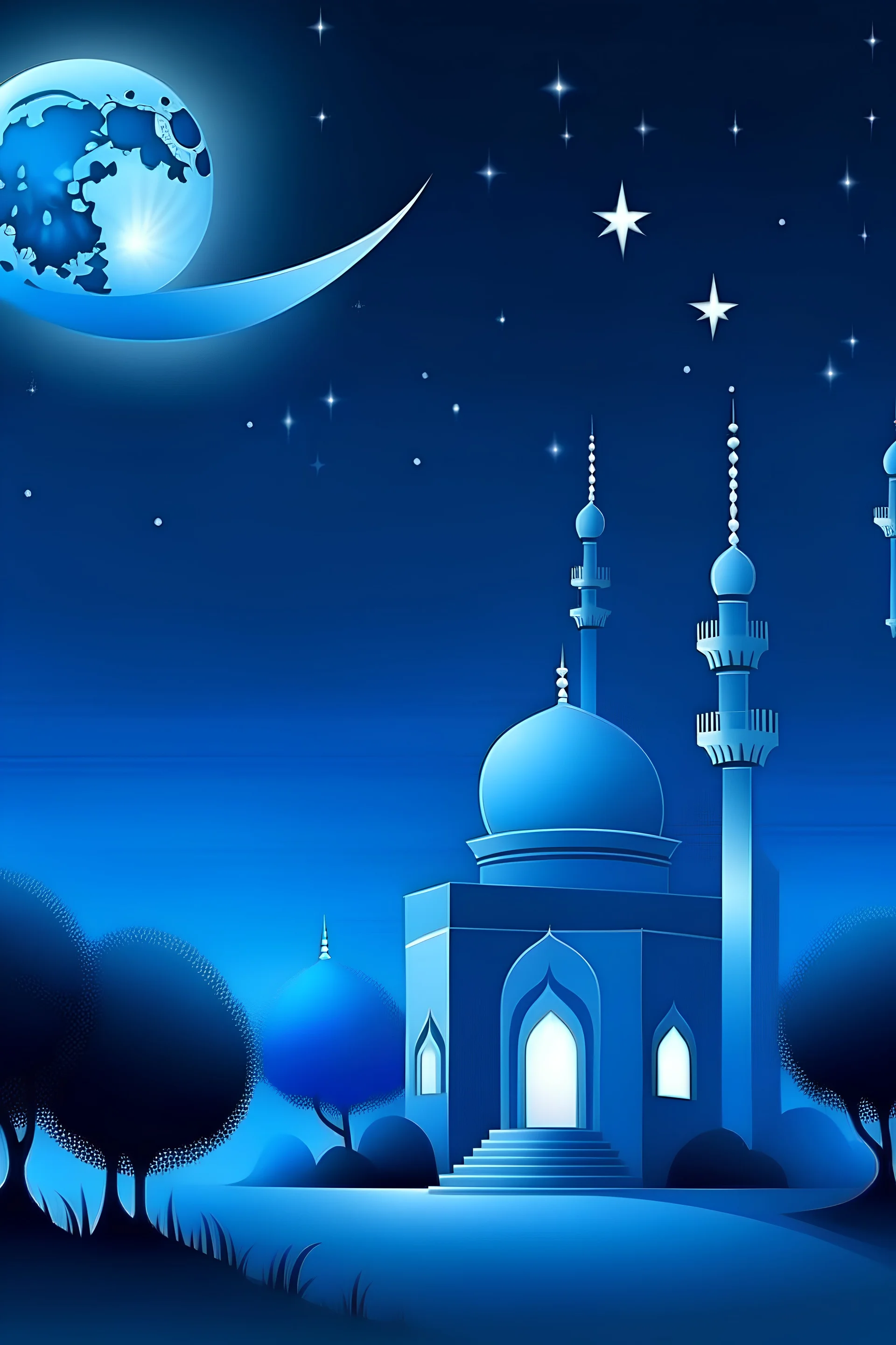 imagine a nigh view with stars, moon, white blue light, tree, mosque realistic view