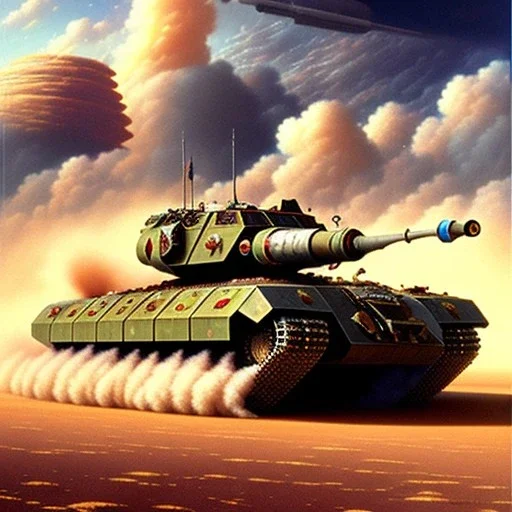 Chris Foss painting of a battle scene with an armored hovercraft-tank in the desert with stormy skies and a duststorm