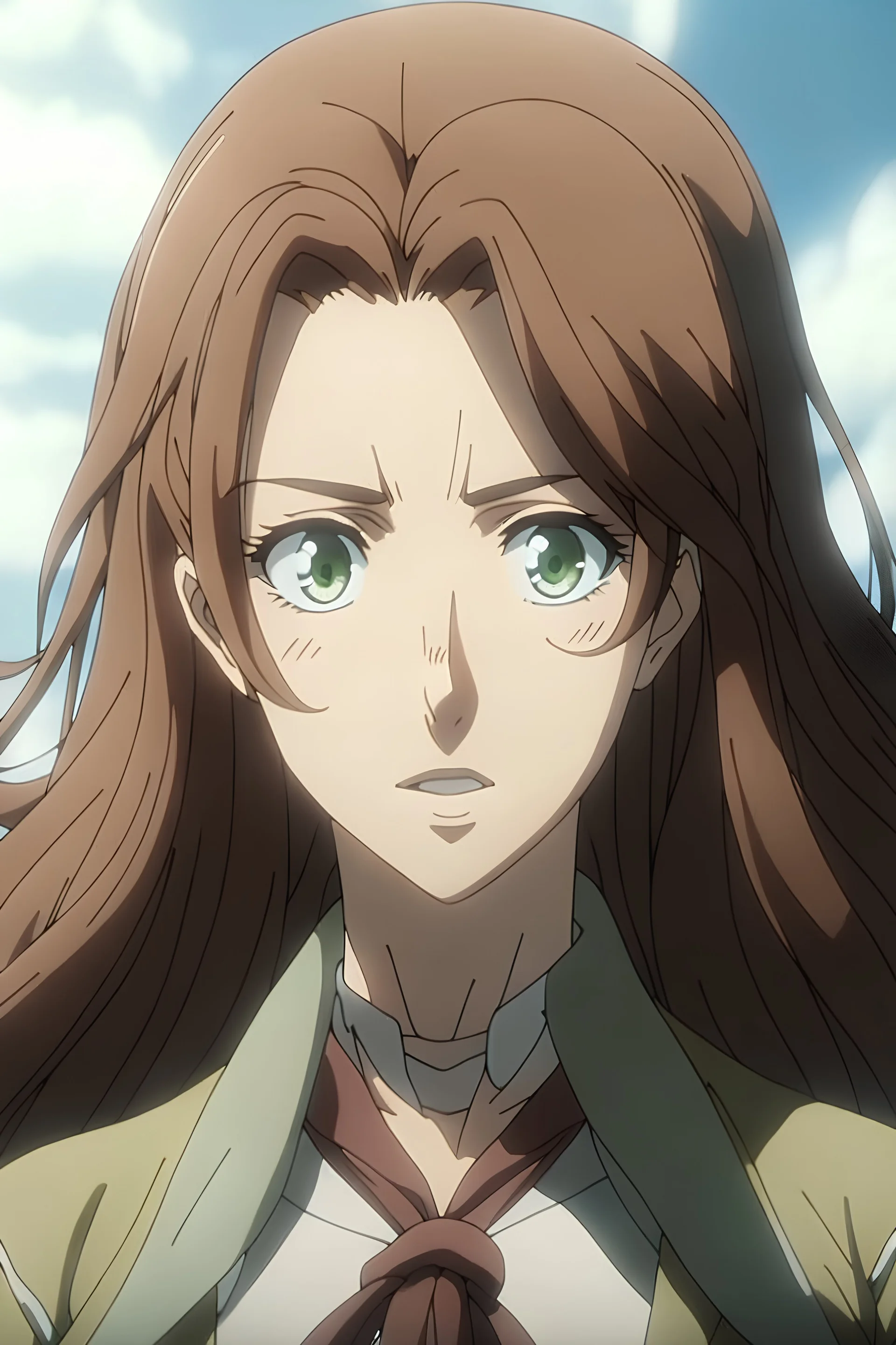 Attack on Titan screencap of a female with long, wavy brown hair .big brown eyes. With cheek . . With studio art screencap.