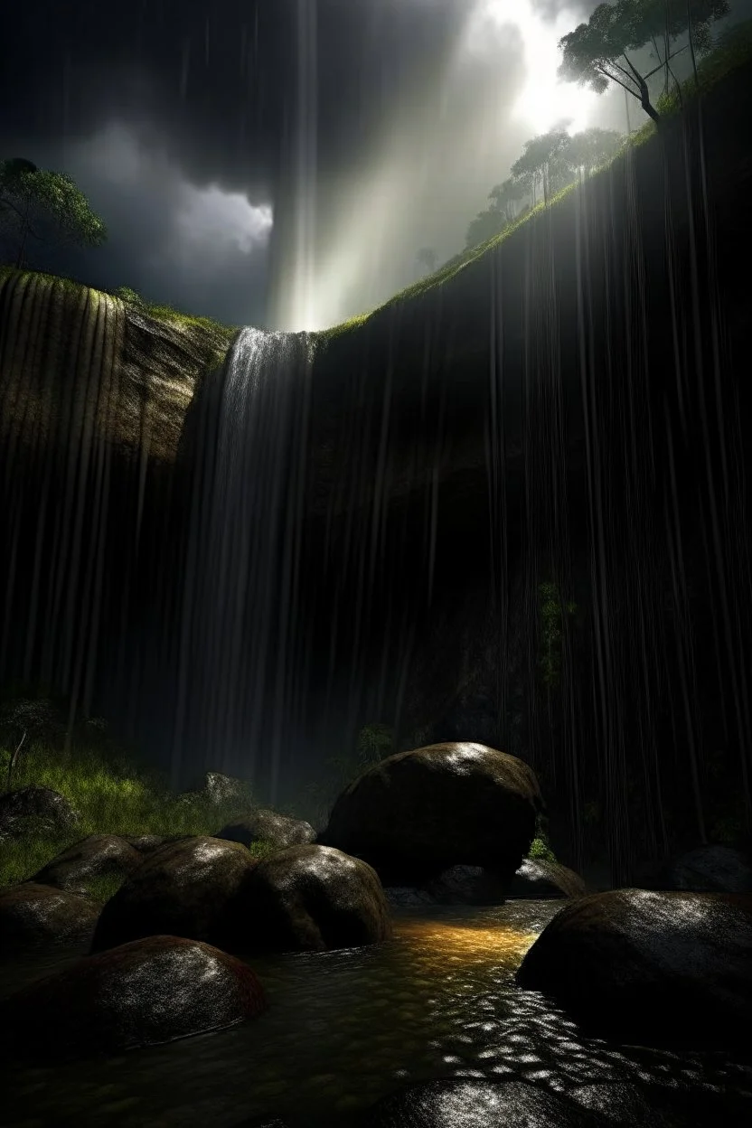 sun rays through dark clouds, portrait in weird angle of huge rock giant crying a waterfall in front of rock column on bumpy road in moist swamp planet , photo-realistic, shot on Hasselblad h6d-400c, zeiss prime lens, bokeh like f/0.8, tilt-shift lens 8k, high detail, smooth render, down-light, unreal eng