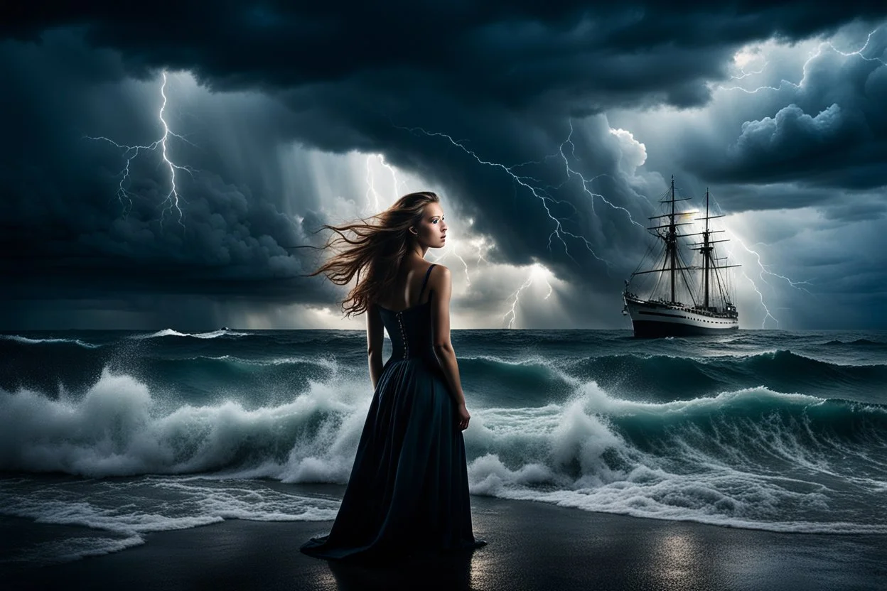 Compose a haunting and powerful image of a beautiful girl surrounded by her sadness in a surreal environment. Use dynamic lighting to create contrast and depth, illuminating her emotions and struggles. The sky above should be turbulent, with storm clouds brewing, reflecting the turmoil within her. In the background, depict a stormy ocean with a sinking ship, symbolizing loss and despair. Show a few people struggling for survival, adding a sense of urgency and chaos to the scene. Let the composit