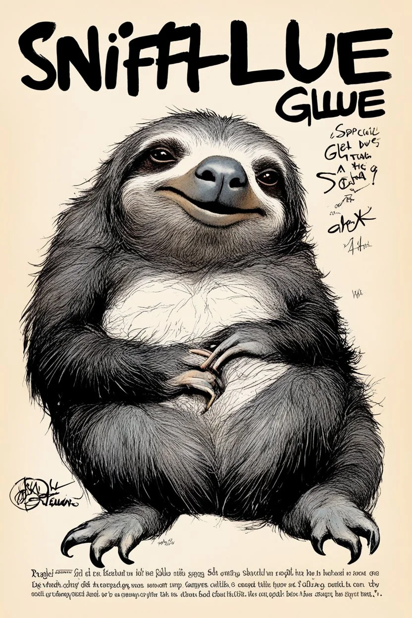 SNIFFIN’ GLUE magazine high res photo cover by Ralph Steadman: special issue on sloth With a gentle swaying of its claws, the sloth gazes upon the equation dXt =[a1 (t)Xt +a0 (t)]dt+[b1 (t)Xt +b0 (t)]dWt ,X0 donneˊThe sloth's mind, usually attuned to the rhythms of nature and the whispers of the wind, is momentarily captivated by the dance of variables and coefficients that unfold before it. It feels a sense of wonder at the complexity and elegance of the mathematical world, so different from t