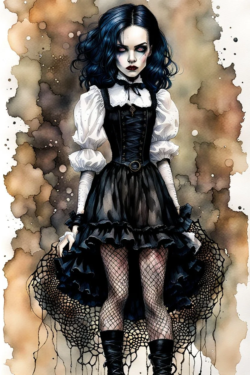 Create and fine print ink wash and watercolor full body portrait illustration of a Goth Girl ball jointed porcelain doll, with finely lined and detailed facial features in a ragged gothic dress, fishnet stockings ,battered combat boots, , in the graphic novel style of Bill Sienkiewicz, and Jean Giraud Moebius, precisely drawn, colored and inked