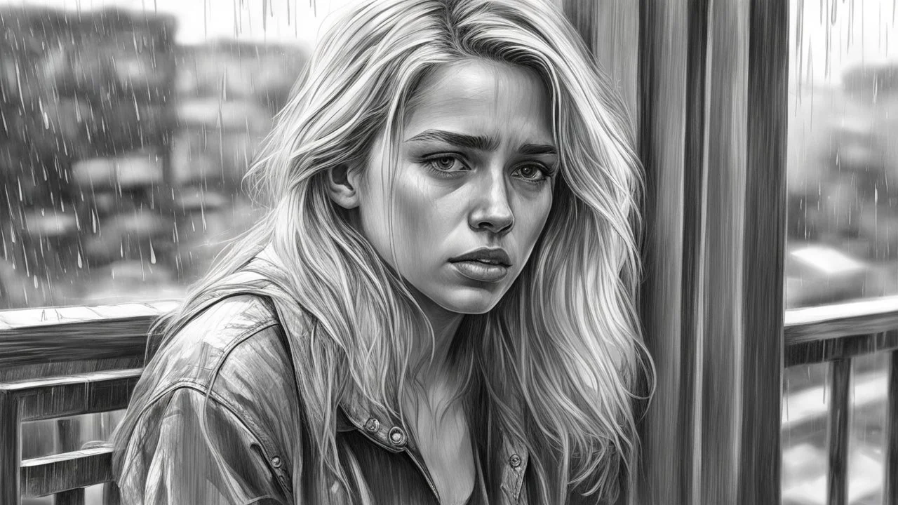 Black and white pencil sketch of a sad blonde on a balcony, rain, tears, photorealism, 3d, 64k, high resolution, hyperrealism, f/16, 1/300 sec.