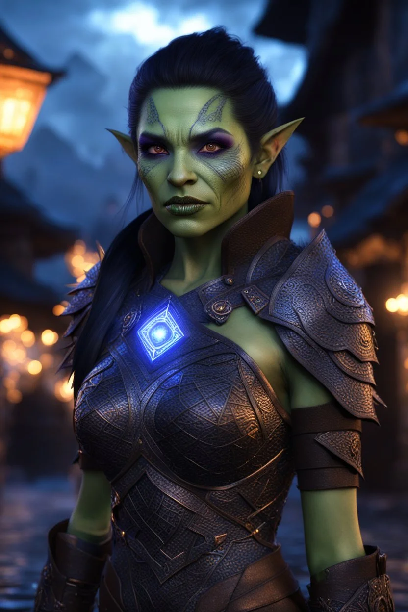 3.4 body shot, green skin,beautiful face, female gorgeous orc, 2 fang visible on mouth, thin, lightning crackle crested around her armor as symbols,dark hair, detailed glowing ornamental magical pattern armor, glowing gem crackling with lightning implanted on leather armor, 8k, high detail, market background, midnight, facing viewer, front facing