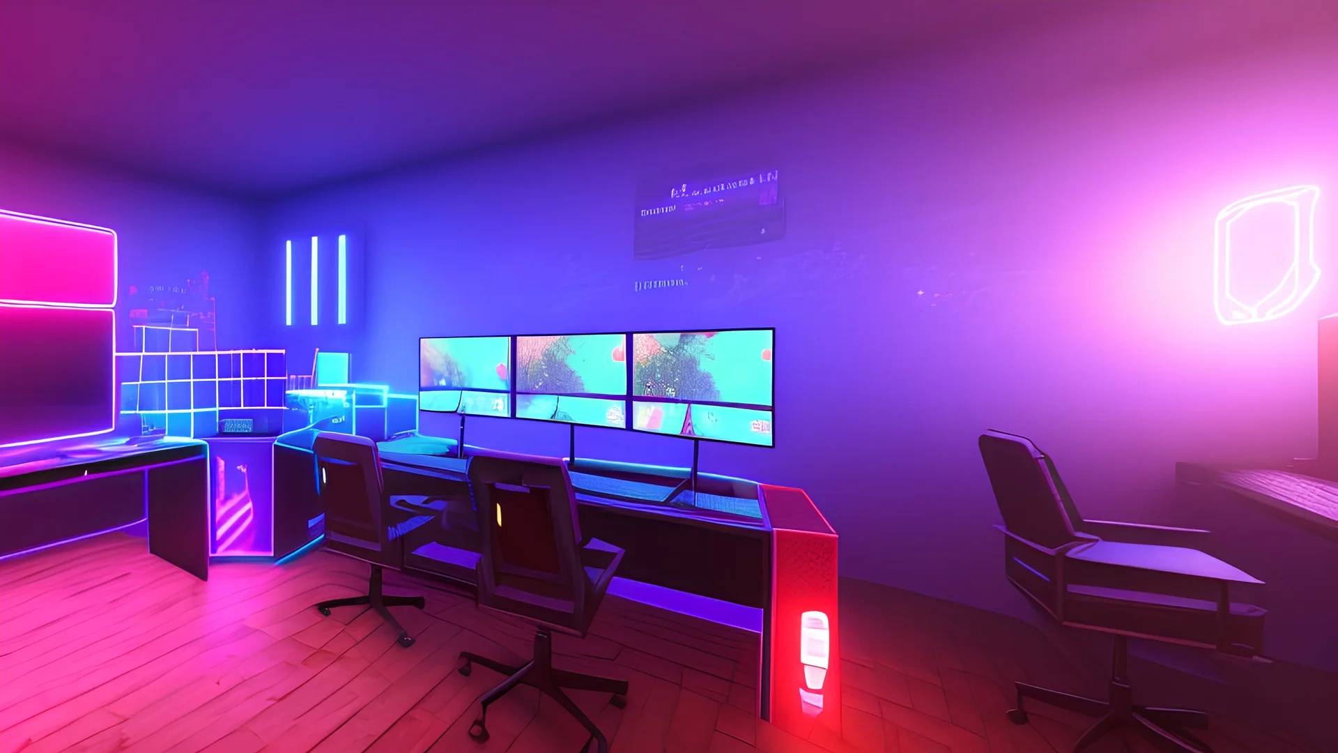 Dimly lit gaming room, with a single desk with a gaming PC, two monitors on the desk, gaming chair, room is filled with neonlights, night time, atmospheric, detailed.