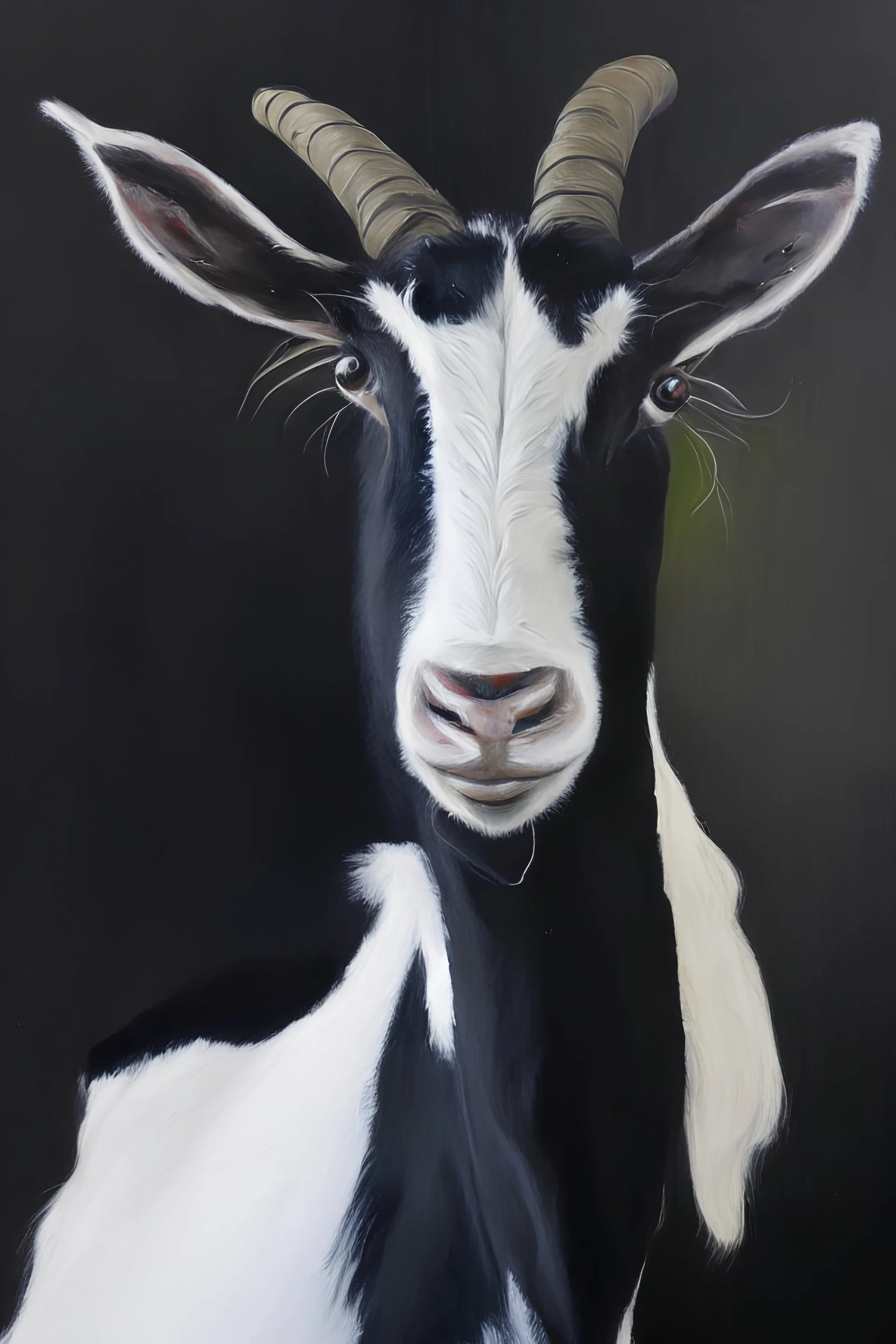 Painting of a Black and white goat named milo