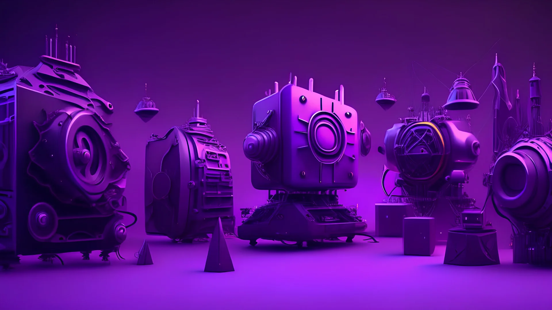 five different shaped giant magic generator machines side by side with lots of gadgets, purple tones, dreamy, psychedelic, 4k, sharp focus, volumetrics, trippy background