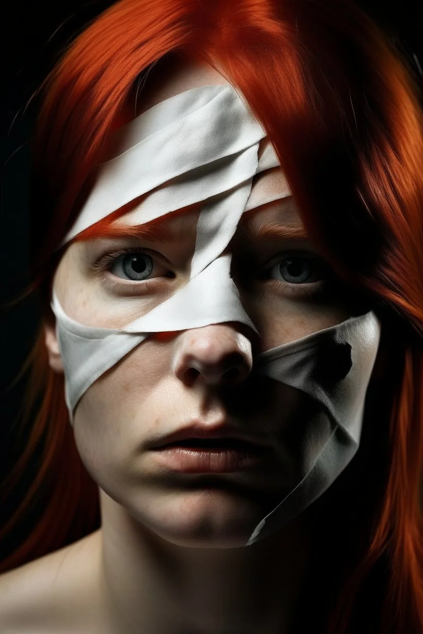 volto deforme di donna bendata con capelli rossi tagliati male